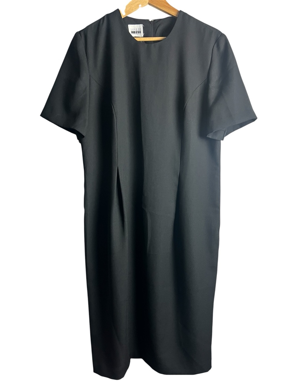 Leslie Fay Vintage Black Shift Dress Short Sleeve Midi Classic Minimalist Size L